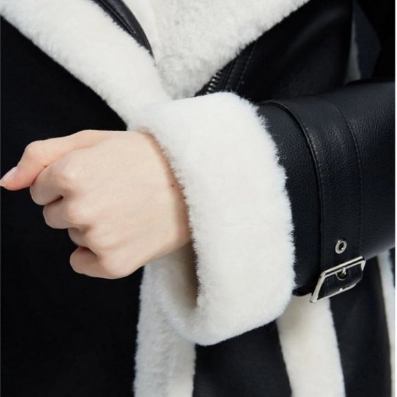 luxury PU faux leather faux fur coat contemporary warm streetwear - Picture 4 of 8